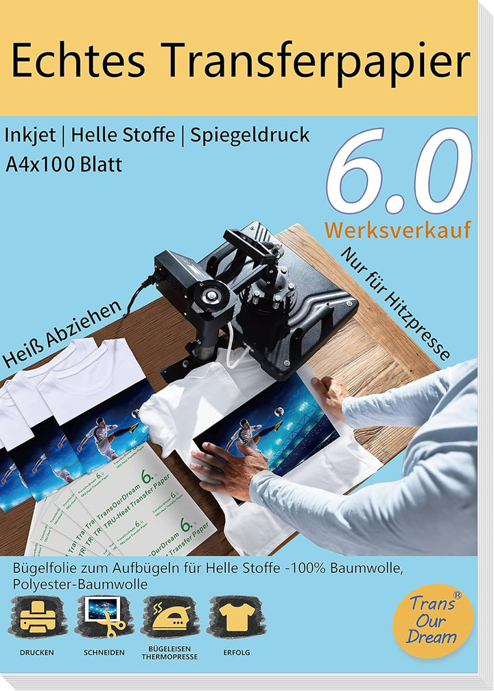 TransOurDream Echte Inkjet Transferfolie,Bügelfolie für helle Textilien,Fuer Hiztepresse,spiegeldruc