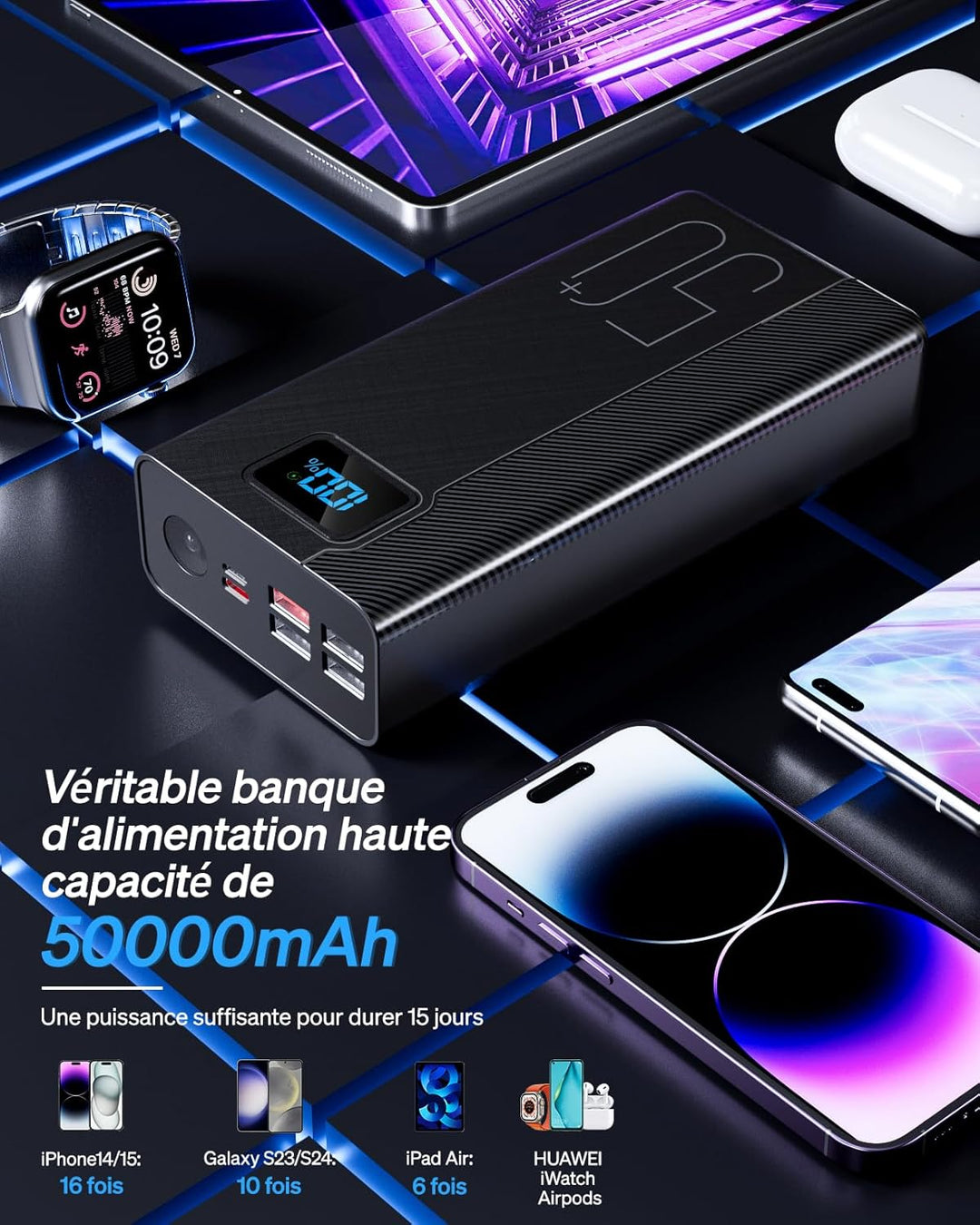 Power Bank 50.000 mAh, externer Akku mit 22,5 W, schnelles Laden, hohe Kapazität, 5 Ausgänge und 3 E