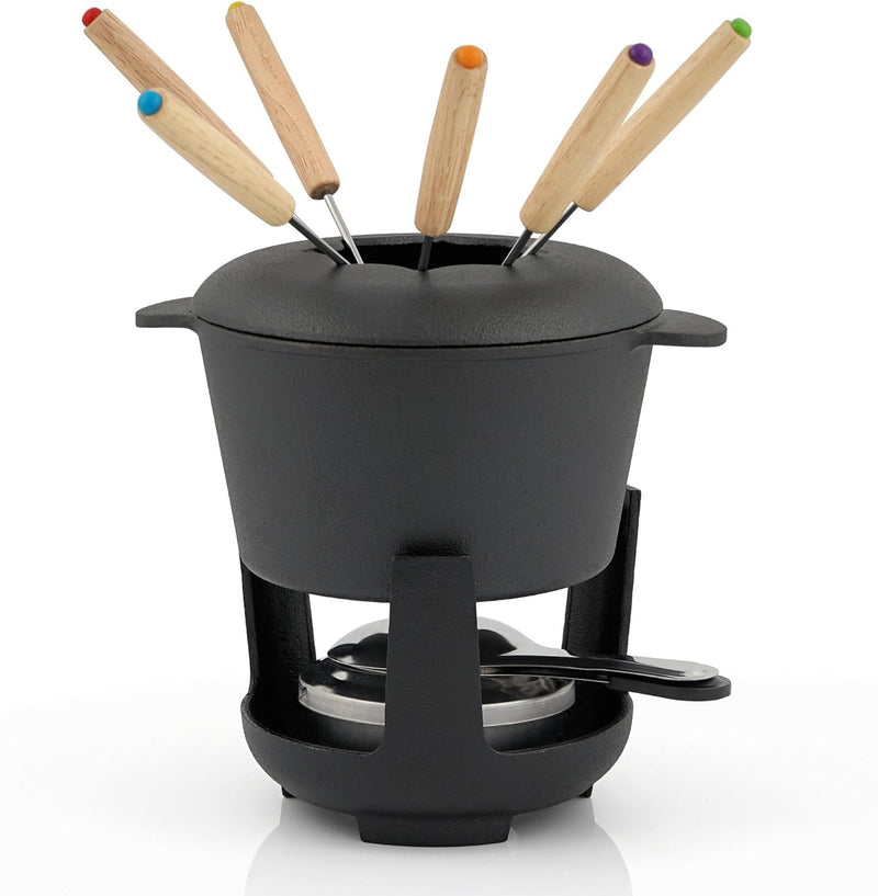 BBQ-Toro Gusseisen Fondue Set für 6 Personen | 1 Liter | Fondueset 13 teilig mit Brenner und Gabeln