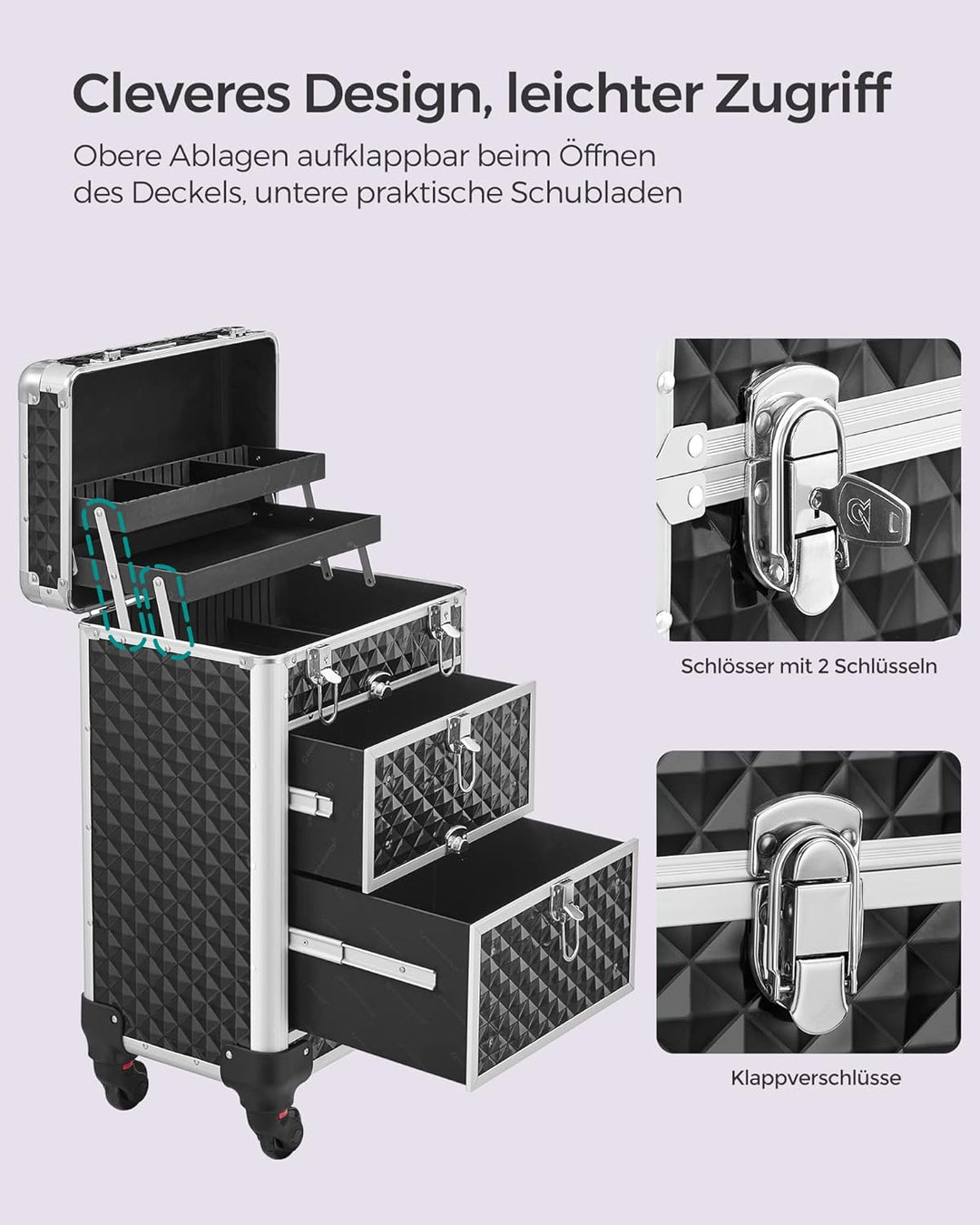 SONGMICS Kosmetikkoffer Trolley, professioneller Schminkkoffer, Friseurkoffer mit 4 abnehmbaren Univ