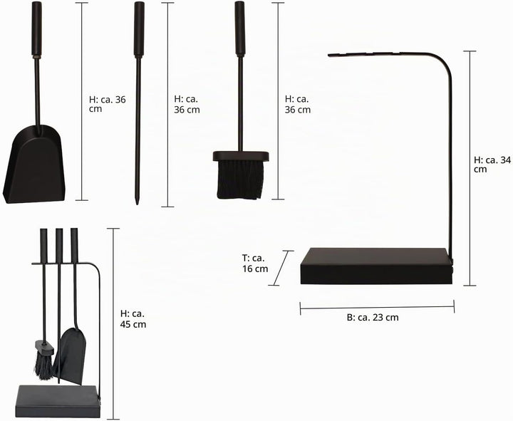 JVL Belmont modernes Kaminbesteck Curve Werkzeug Set, Stahl, schwarz, 23 x 15 x 45 cm,