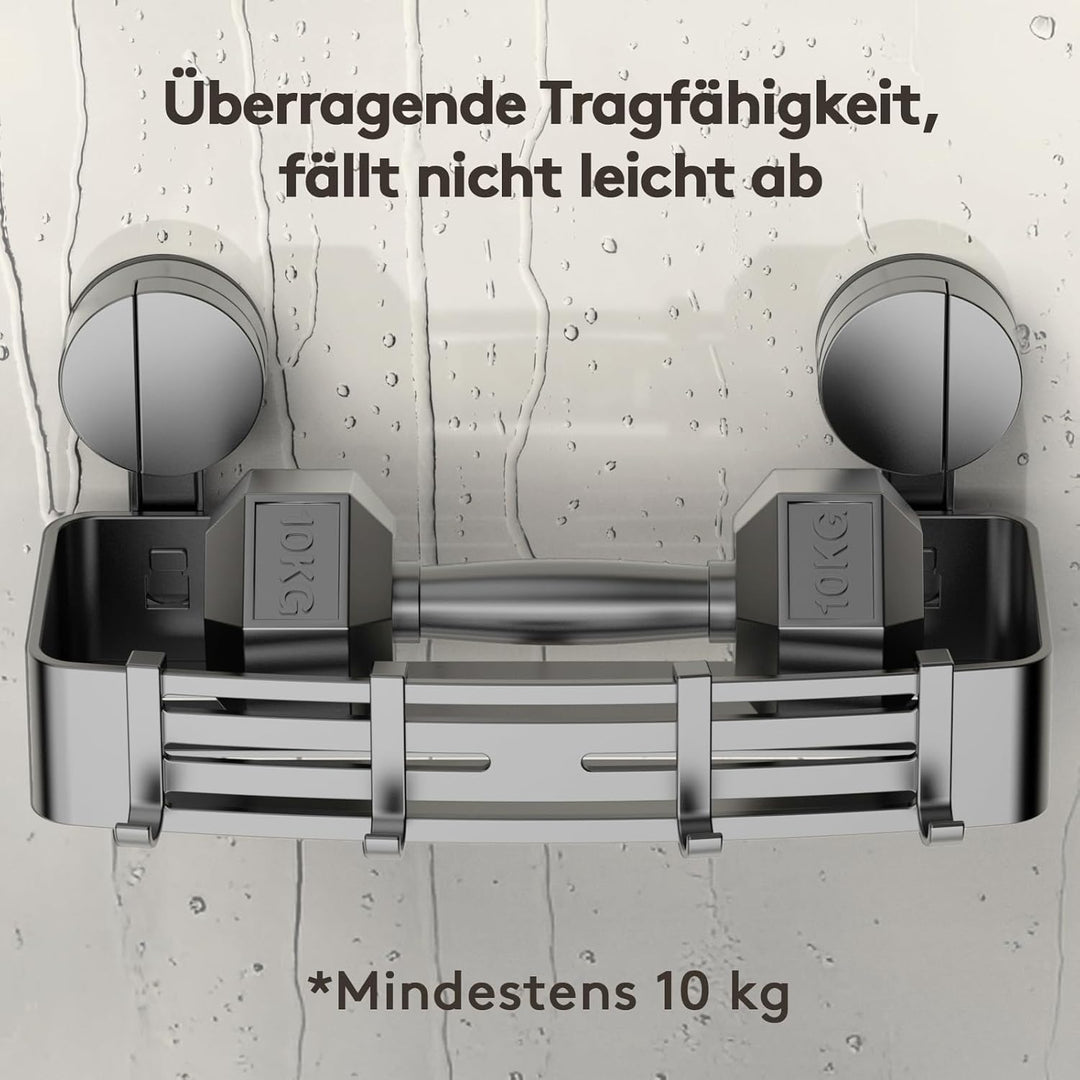 Saugnapf-Duschablage ohne Bohren | 4 Haken, 32 cm Länge, 10 kg Tragfähigkeit, 1-Minuten-Installation