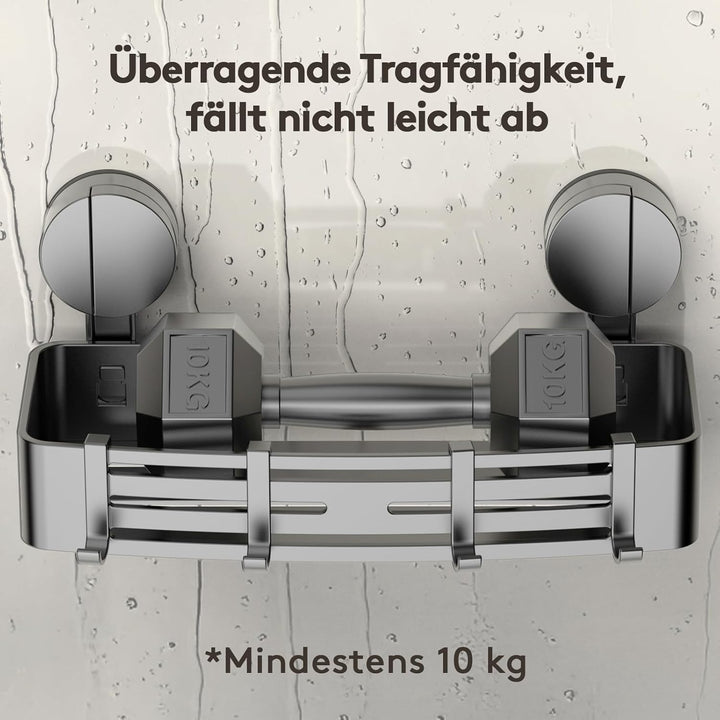 Saugnapf-Duschablage ohne Bohren | 4 Haken, 32 cm Länge, 10 kg Tragfähigkeit, 1-Minuten-Installation