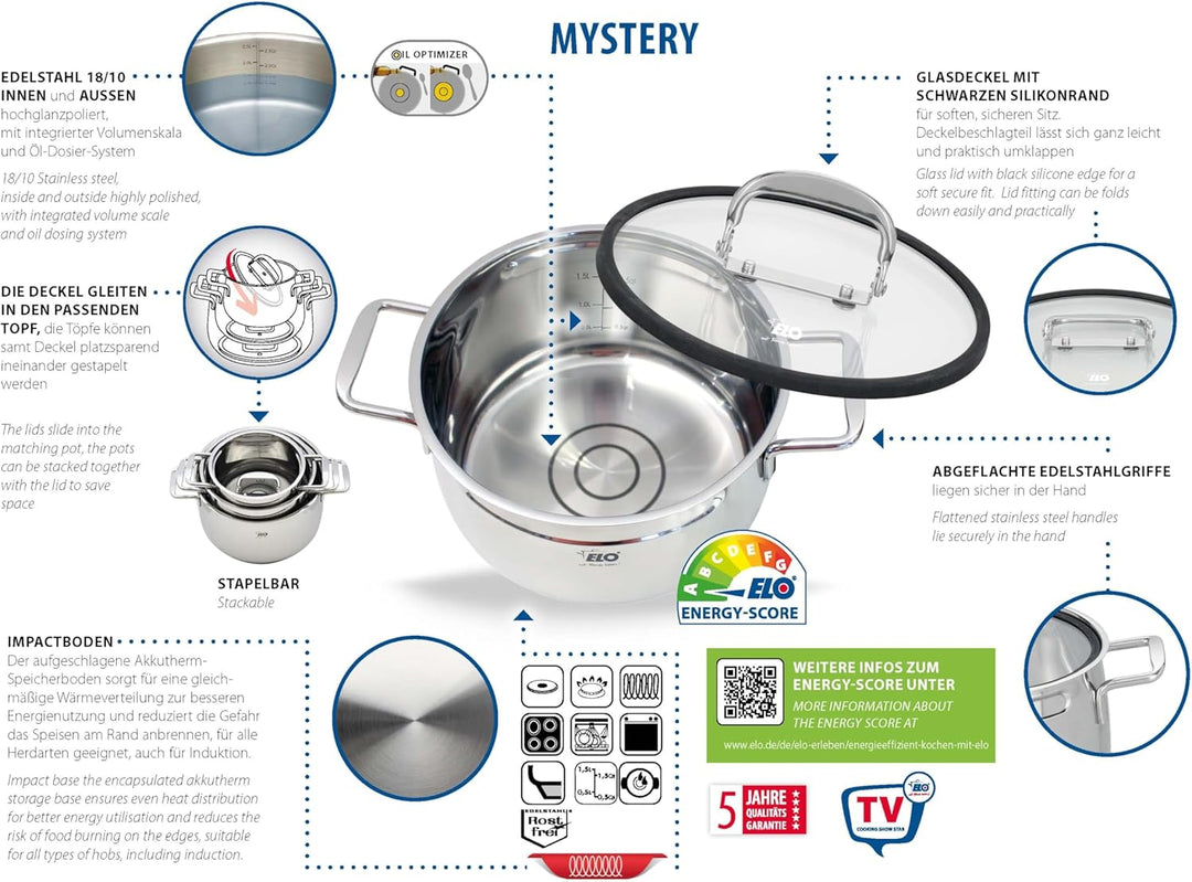 Topfset 3-teilig Mystery 91005, stapelbar, Edelstahl 18/10 - mit Volumenskala & Öl-Dosiersystem, bac