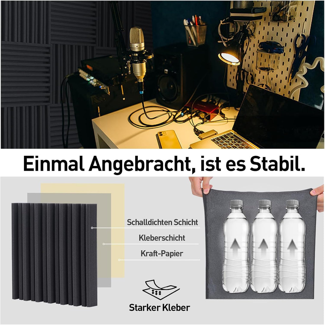 36 Stück Akustikpaneele, Selbstklebend Wandpaneele, Schwarz Gerillte Akustikschaumstoff 12 x 12 x 2