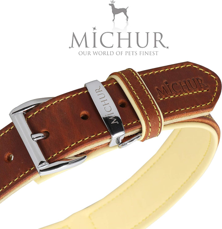 MICHUR Charly Hundehalsband Leder Braun Gelb, Lederhalsband Hund, Halsband, Leder, in verschiedenen