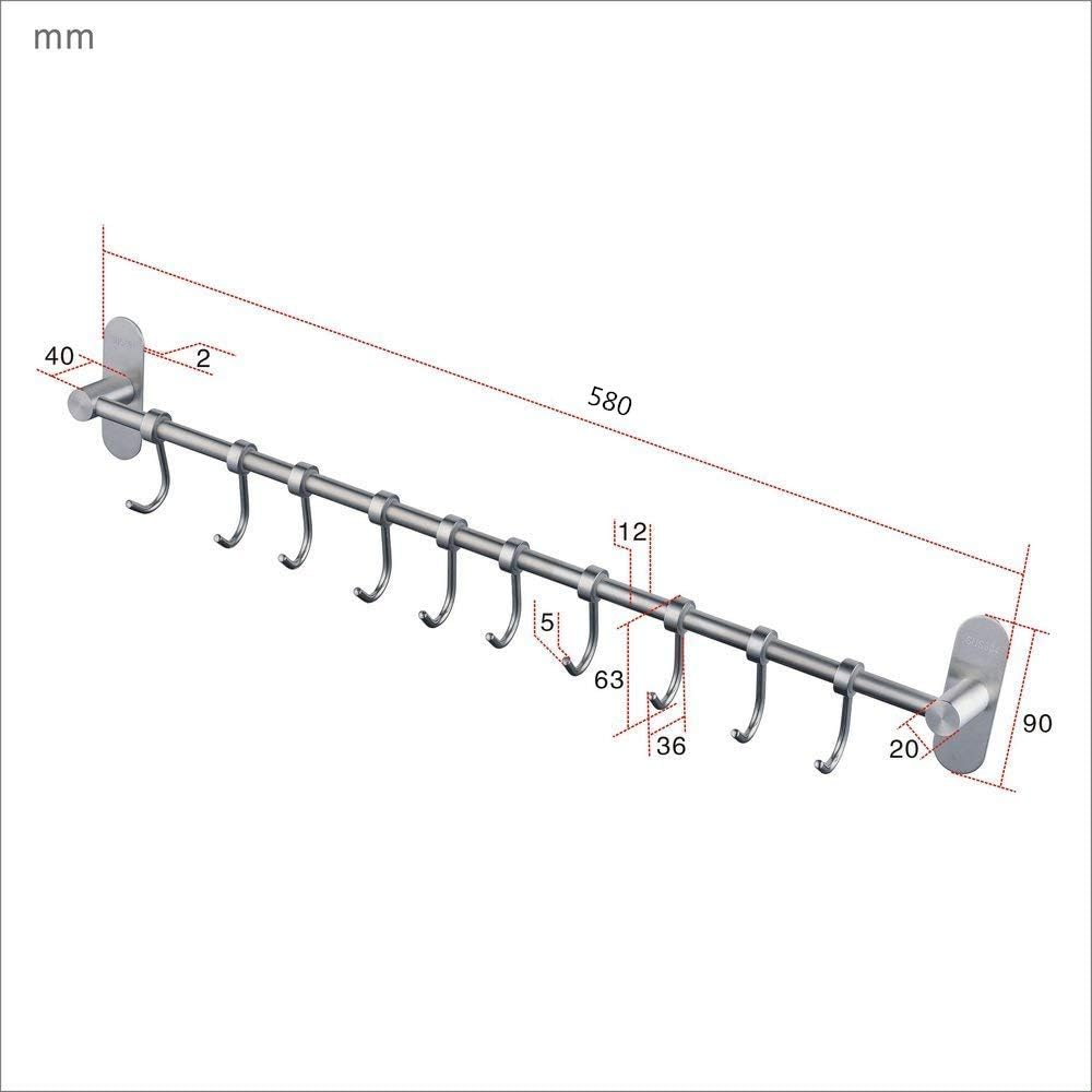 Geschirr hängende Rack mit 10 abnehmbaren Haken keine Bohrung, Edelstahl Küche Schiene Pfanne Hanger