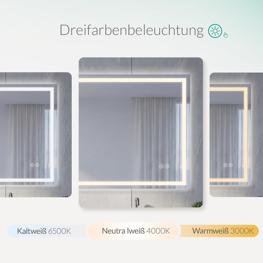 Badspiegel mit Beleuchtung - Wandspiegel mit 3 Farben & Dimmbare Helligkeit, Touch-Schalter mit Anti