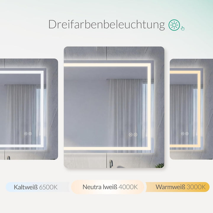 Badspiegel mit Beleuchtung - Wandspiegel mit 3 Farben & Dimmbare Helligkeit, Touch-Schalter mit Anti
