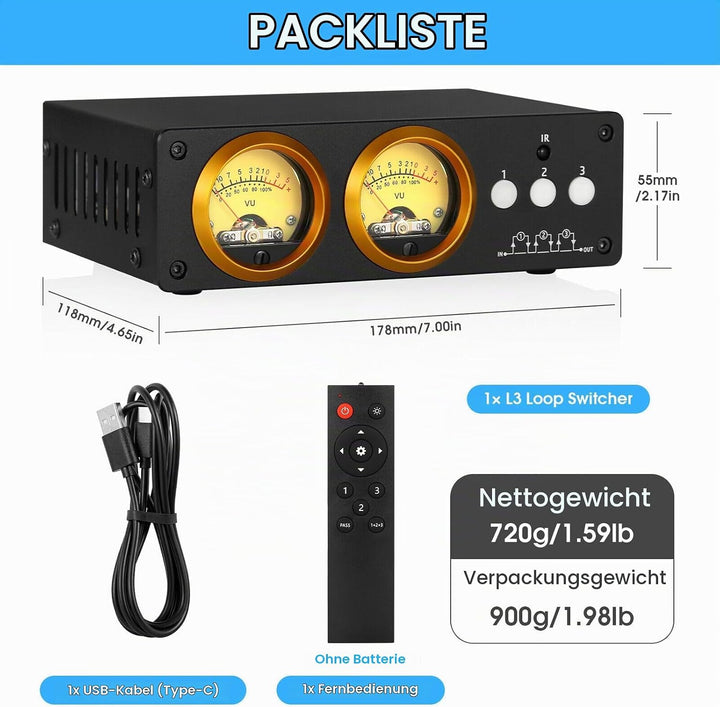 Douk Audio L3 3-Kanal Loop Switcher Audio Selektor Box Duales VU Meter Splitter with IR Remote