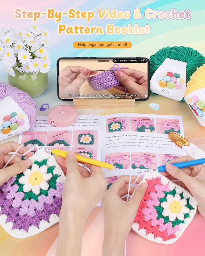 Coopay Granny Square Häkelset für Anfänger, Häkel Set für Gänseblümchen Decke 3D, Komplett Häkelset
