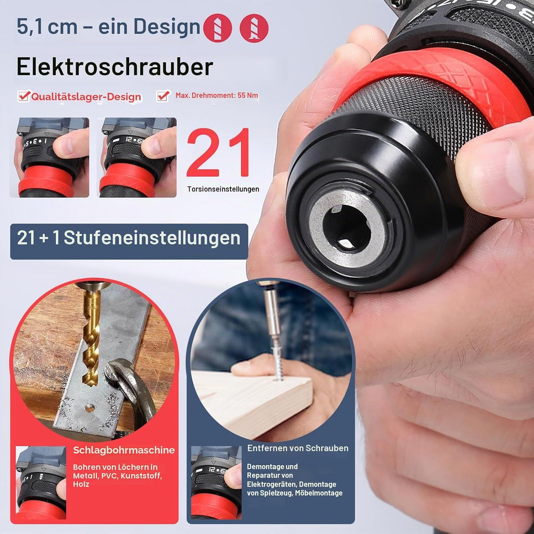Weytoll 21V Akku Bohrmaschine, Akkuschrauber mit Akku*2 1300mAh, Akku Bohrer Abnehmbares Bohrfutter,