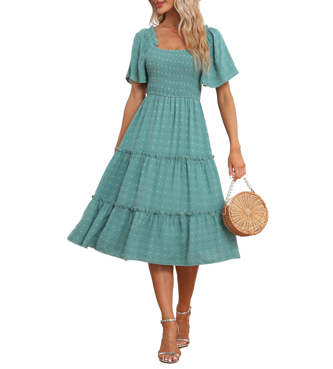 Damen Smocked Midi Kleid Kurzarm U-Ausschnitt Sommerkleid A-Linie Maxikleid Cocktail XL Aquamarin, X