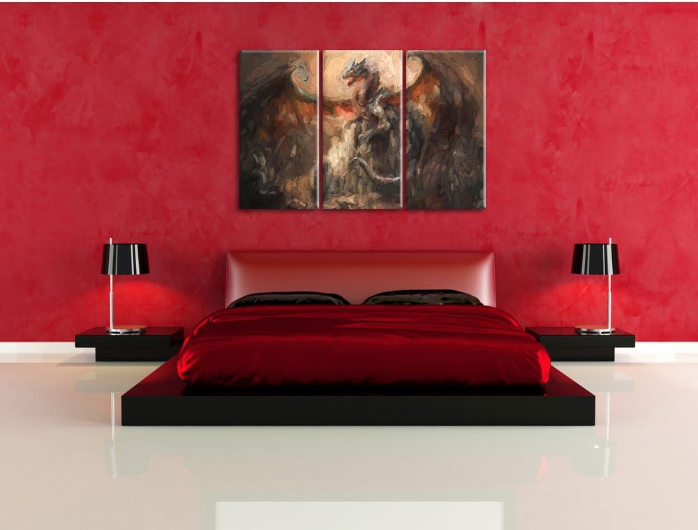 Pixxprint Drache schützend über Burg Pinsel Effekt 3-Teiler Leinwandbild 120x80 Bild auf Leinwand