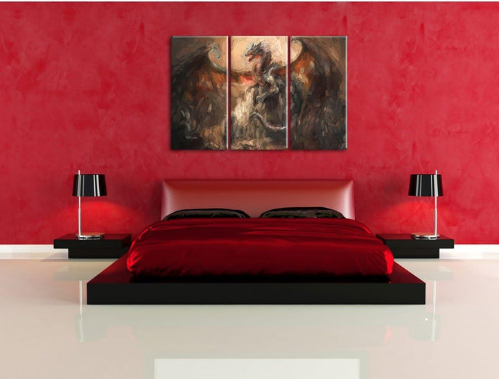 Pixxprint Drache schützend über Burg Pinsel Effekt 3-Teiler Leinwandbild 120x80 Bild auf Leinwand