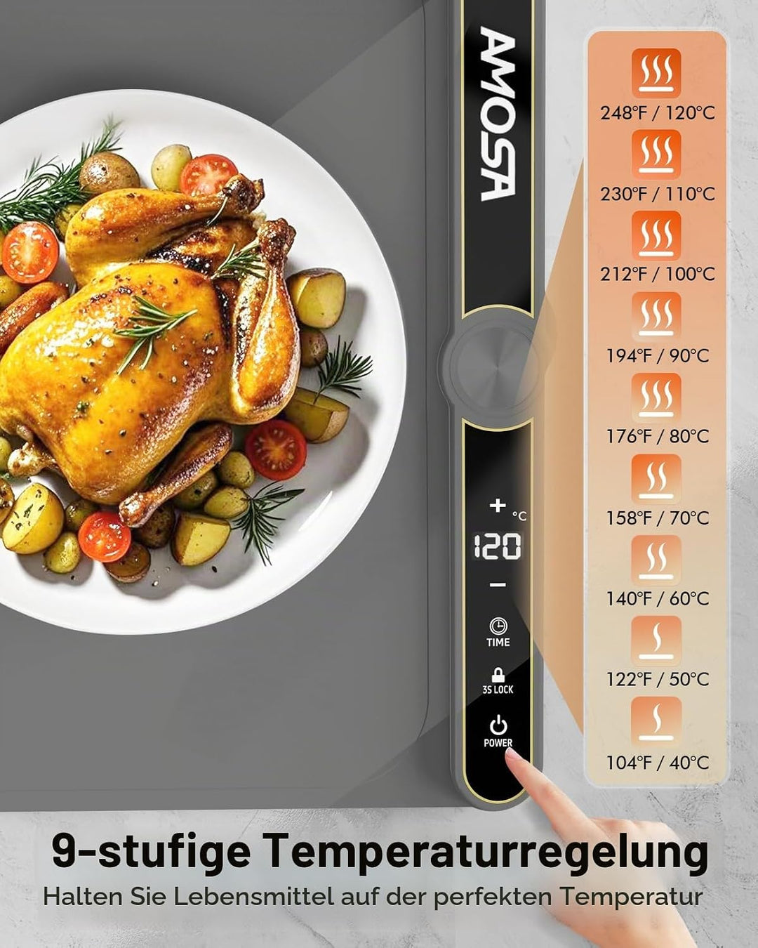 AMOSA Warmhaltematte für Speisen, Speisenwärmer mit 9 Einstellbaren Temperaturen &amp; 6-Stunden-Timer,