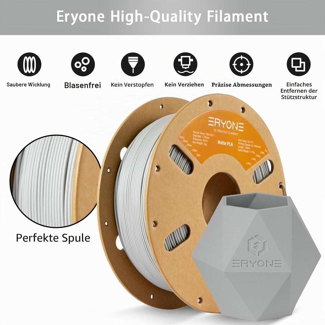 ERYONE Matte PLA 3D Drucker Filament 1.75mm, Massgenauigkeit +/- 0.03 mm, 1 kg 1 Spule, Matte Grau,