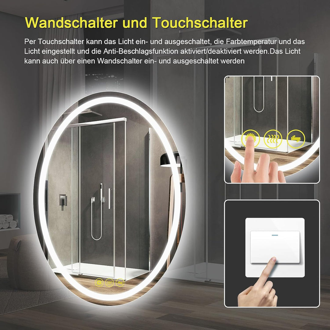 AI-LIGHTING LED Badspiegel mit Beleuchtung Oval 50x70 cm Badezimmerspiegel mit Licht 3 Lichtfarben/B