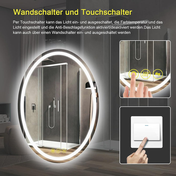 AI-LIGHTING LED Badspiegel mit Beleuchtung Oval 50x70 cm Badezimmerspiegel mit Licht 3 Lichtfarben/B