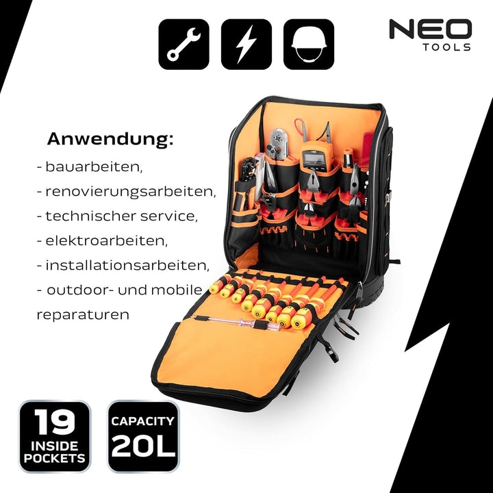 NEO TOOLS Elektriker Werkzeugrucksack 31-tlg. - mit Werkzeugen für einen Elektriker | 26 Taschen, Mo