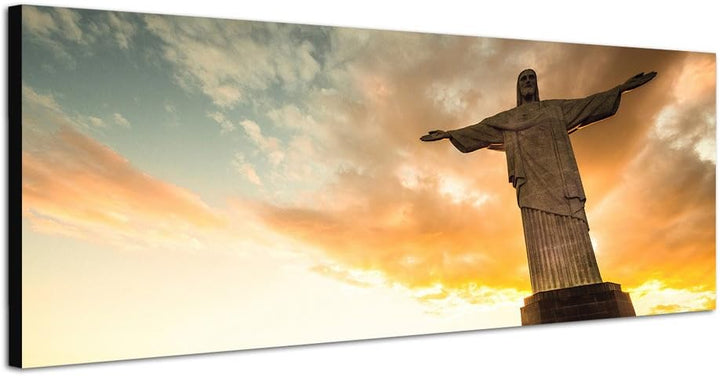 Paul Sinus Art Panoramabild auf Leinwand und Keilrahmen 120x40cm Rio De Janeiro Statue Sonnenunterga