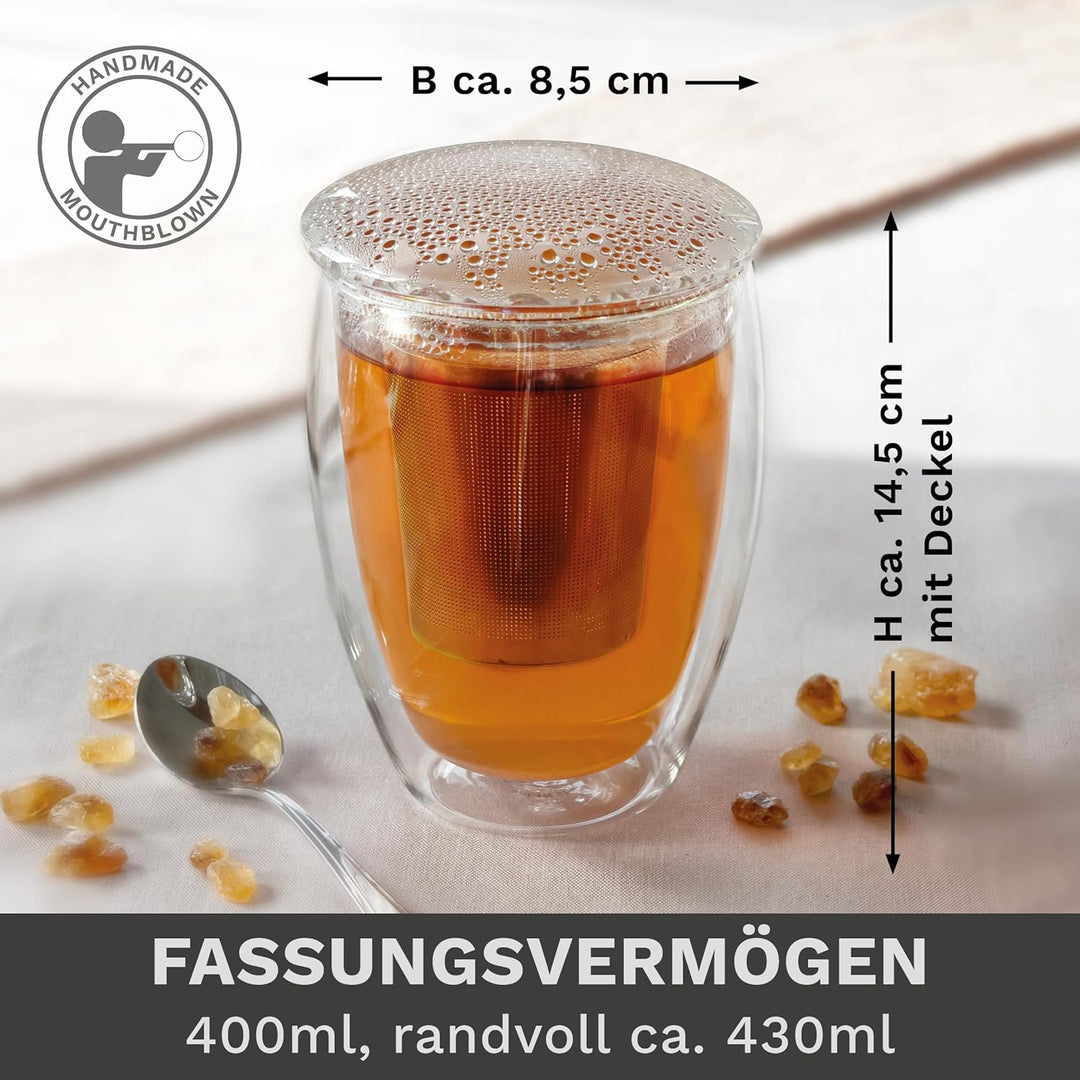 Creano doppelwandiges Teeglas mit Edelstahlfilter und Glasdeckel - 400ml 1x 400ml Doppelwandig, 1x 4