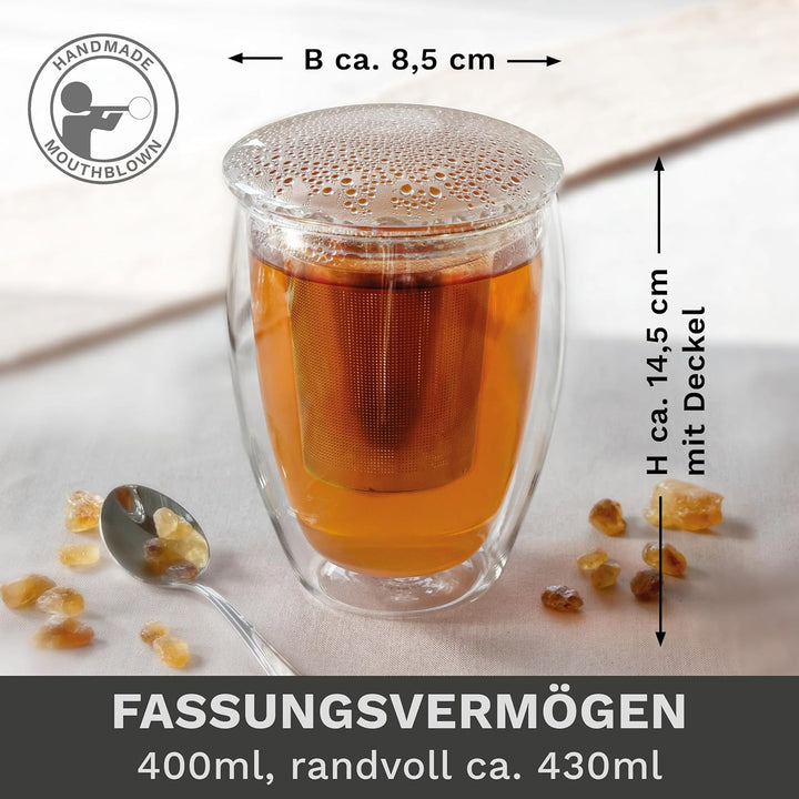 Creano doppelwandiges Teeglas mit Edelstahlfilter und Glasdeckel - 400ml 1x 400ml Doppelwandig, 1x 4