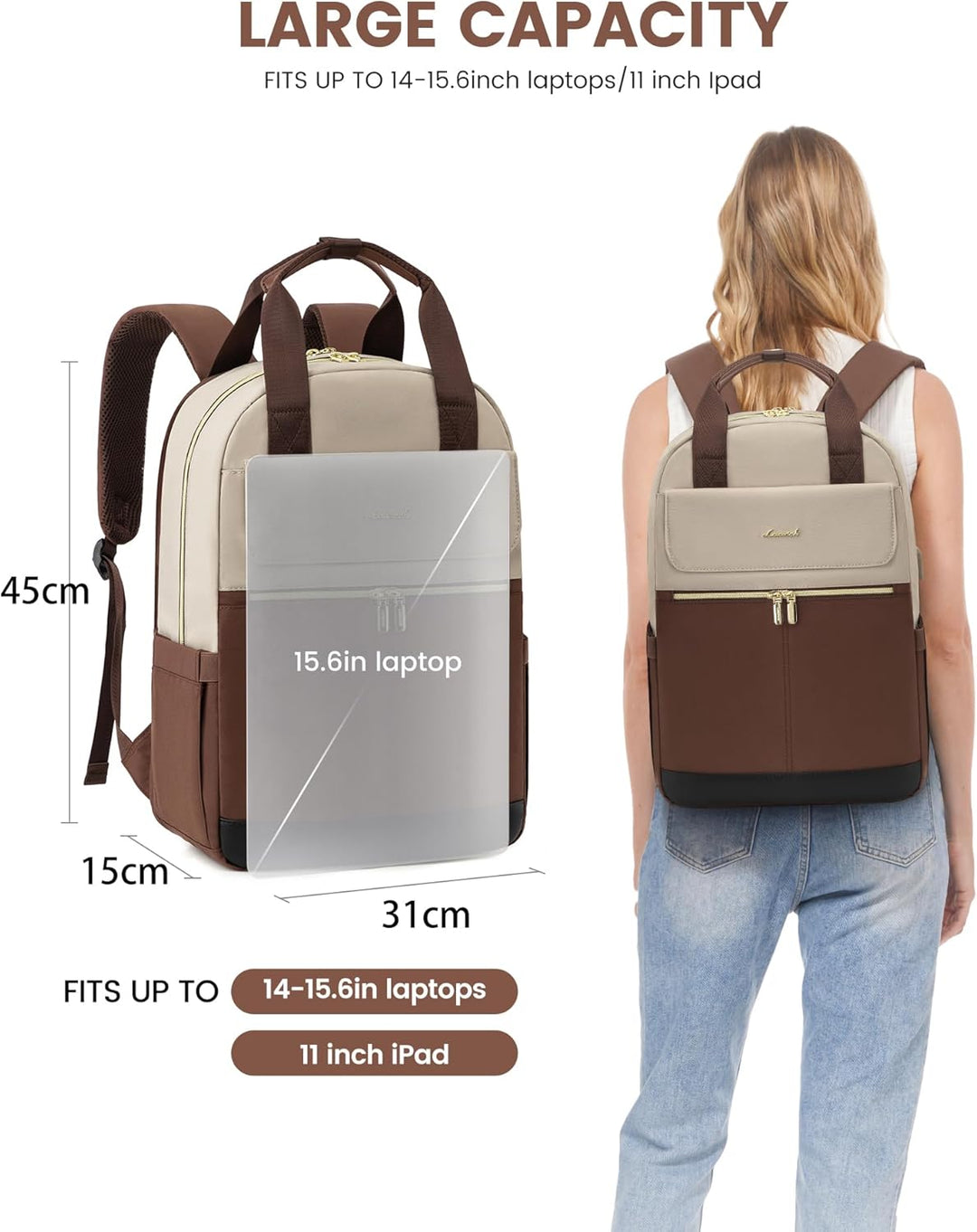 LOVEVOOK Rucksack Damen, Schulrucksack Teenager Mädchen 15,6 Zoll mit Laptopfach, Wasserdicht Schult