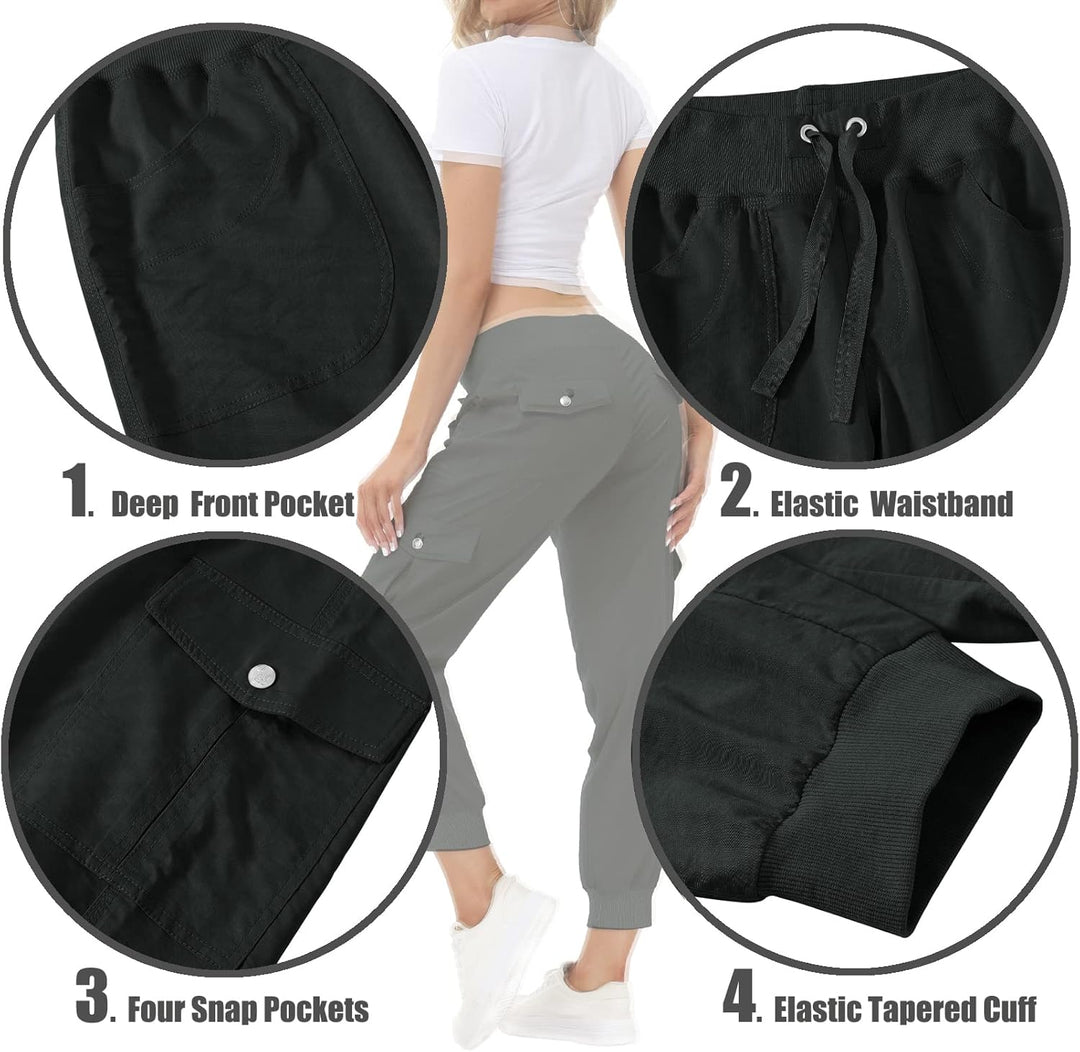 JINSHI Hosen Damen Cargohose Lange Capri Freizeithose Outdoor Jogginghose High Waist mit Kordelzug 3