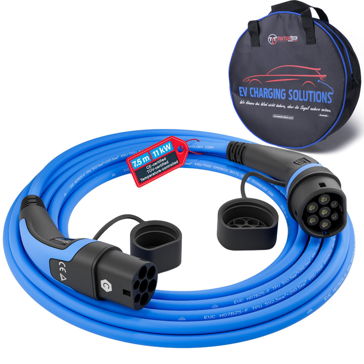 TEUTSCHTECH, EV Ladekabel blau I 7,5M I TYP2 - TYP2 I 11kW I 3X16A I 3-phasig I Mit Lade- Temperatur