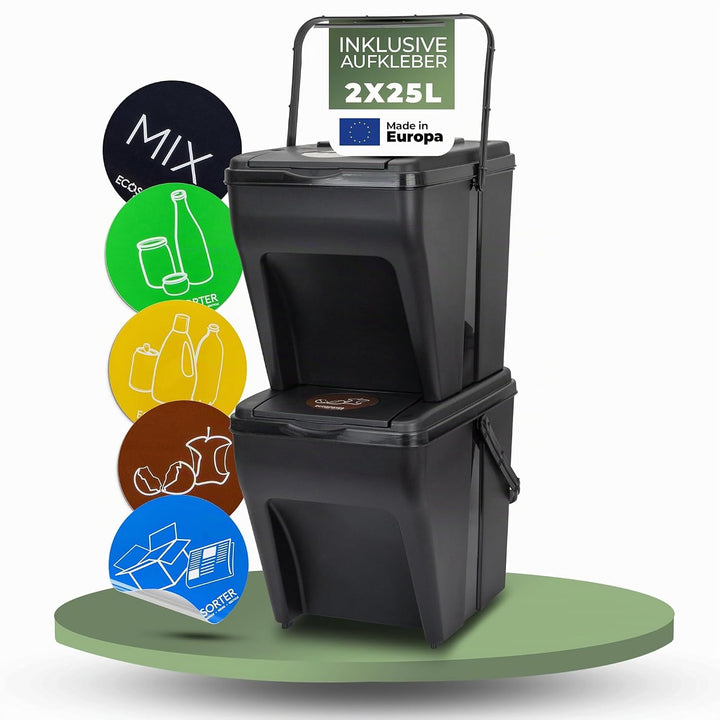 Novaliv Mülltrennsystem Set - 2x 25L Mülleimer Trennsystem - Mülleimer 4 Fächer - Mülltrennsysteme s