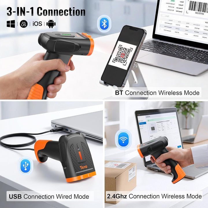 Tera 1D 2D QR Barcode Scanner Kabellos mit Bluetooth: 2200 mAh Lithium-Polymer Akku 2.4G Wireless &