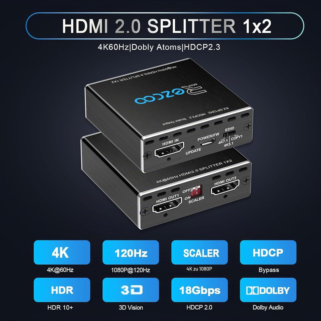 4K 60Hz HDMI Splitter 1x2 1080P 120Hz HDCP2.2 HDR 18Gbps UHD Dolby Vision Atmos EDID Scaler 4K 1080P