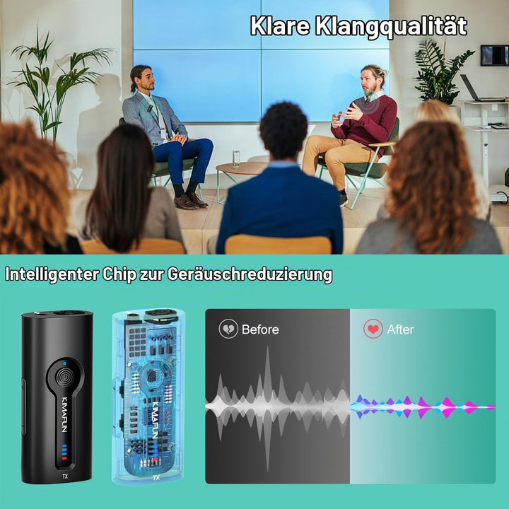 KIMAFUN 2.4G Drahtloses Headset und Lavalier Mikrofon für 2 Personen, Kabelloses Ansteckmikrofon Wir