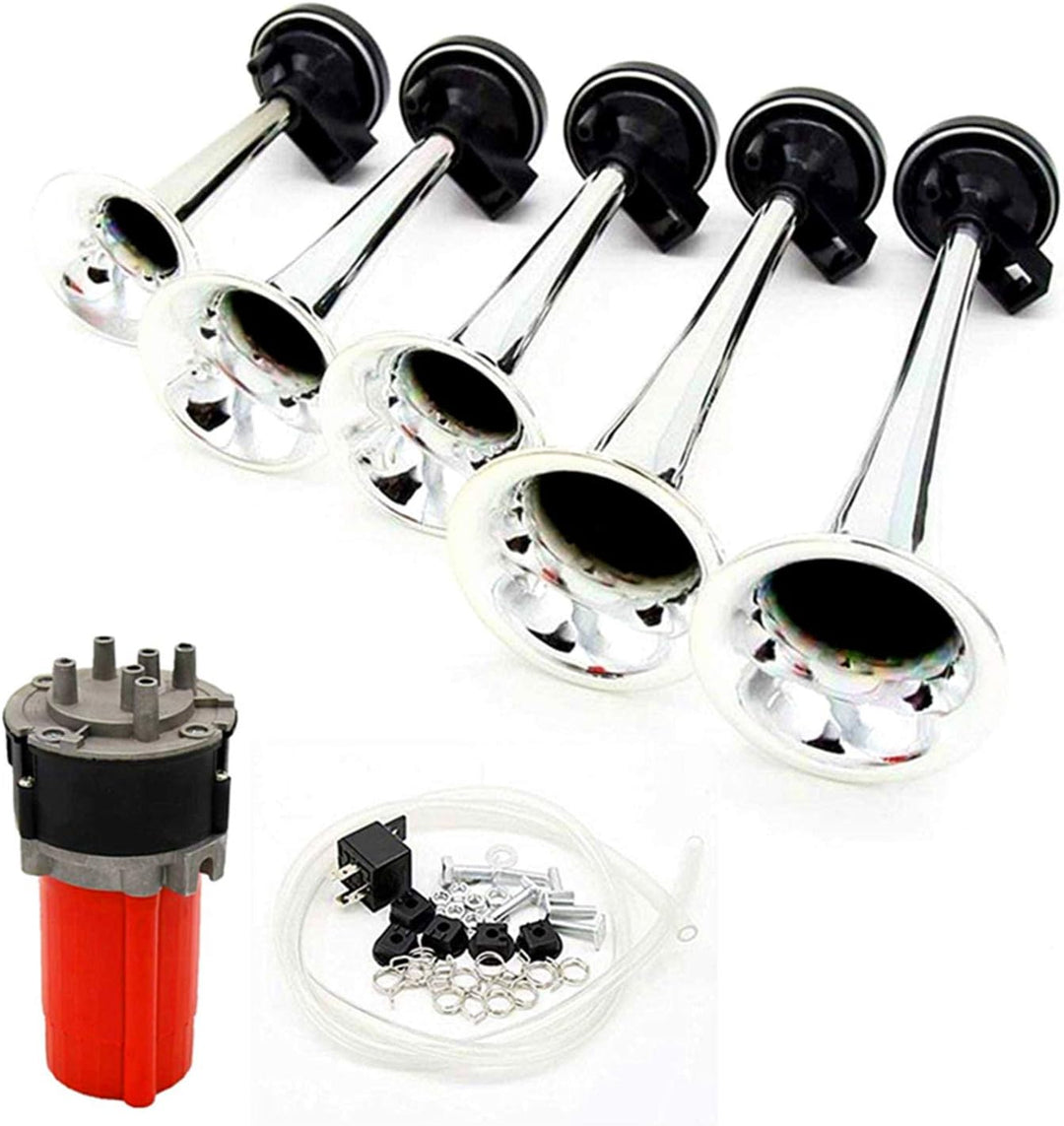 YIYIDA Fünf-Röhren-Musikhorn Autohupe Dixiland Mehrfrequenz-Sound rote Luftpumpe Persönlichkeit 12V