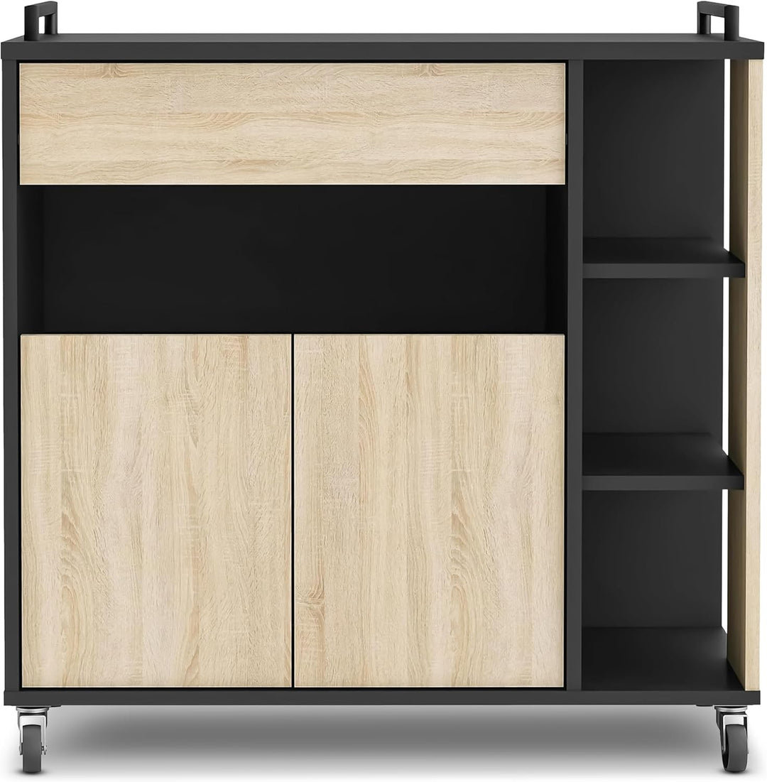 habeig Küchenwagen Küchenschrank Eiche Schwarz mit schwarz Küchentrolley Schublade Holz Rollen Küche
