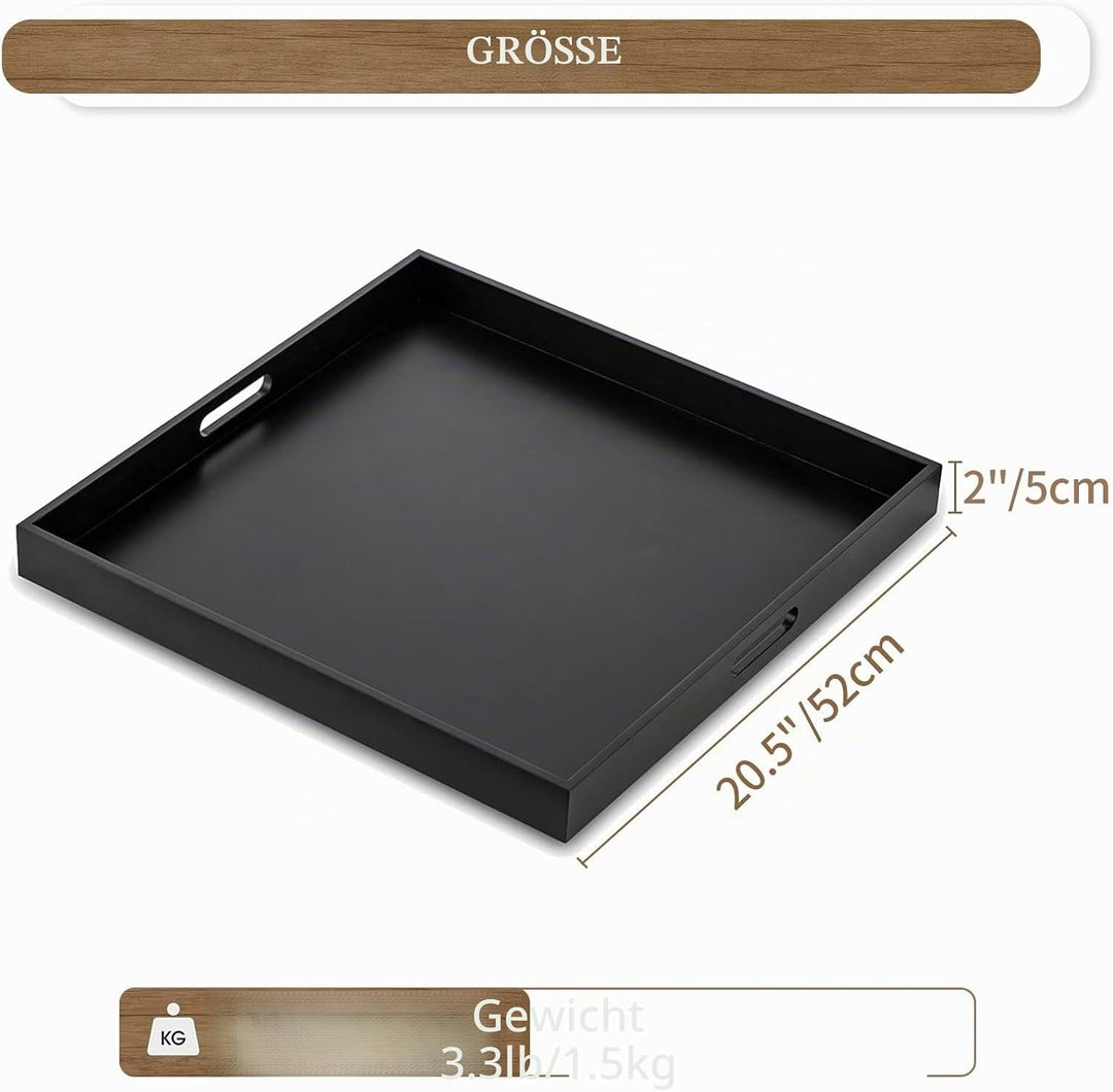 Hanobe Tablett Gross Schwarz Serviertablett Holztablett Deko mit Griff 52cm | Modern Glossy Quadrati