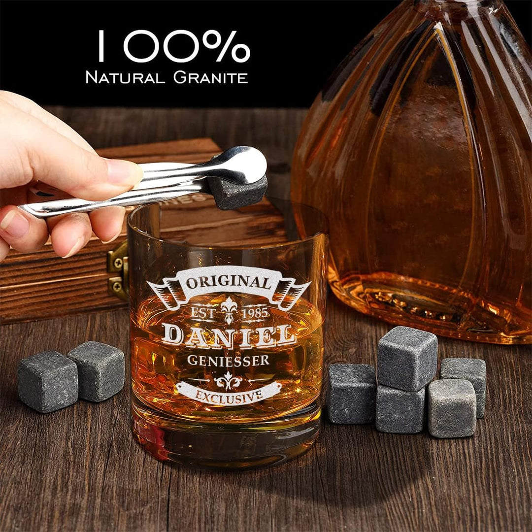 5-TLG Whisky Kühlsteine Set - Holzkiste und Whisky Tumbler mit Wunschgravur - 9x Kühlsteine, 1x Zang