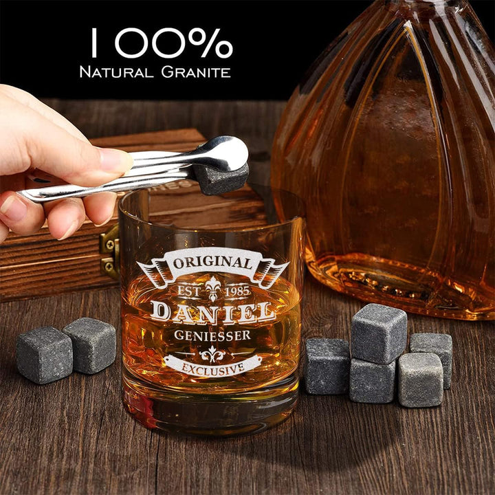 5-TLG Whisky Kühlsteine Set - Holzkiste und Whisky Tumbler mit Wunschgravur - 9x Kühlsteine, 1x Zang