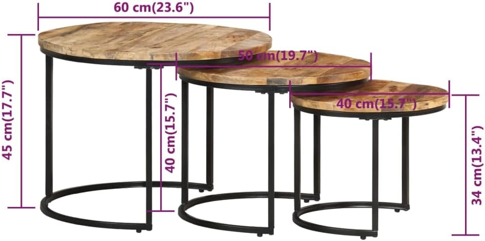 vidaXL Raues Mangoholz Satztisch 3-TLG. Couchtisch Beistelltisch Wohnzimmertisch Kaffeetisch Sofatis