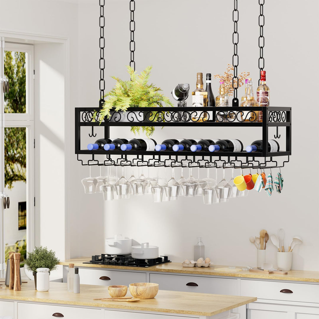Deckenregal Weinregal Hängends Höhenverstellbare Deckenweinregal mit Glashalter Eisenkette Verstellb