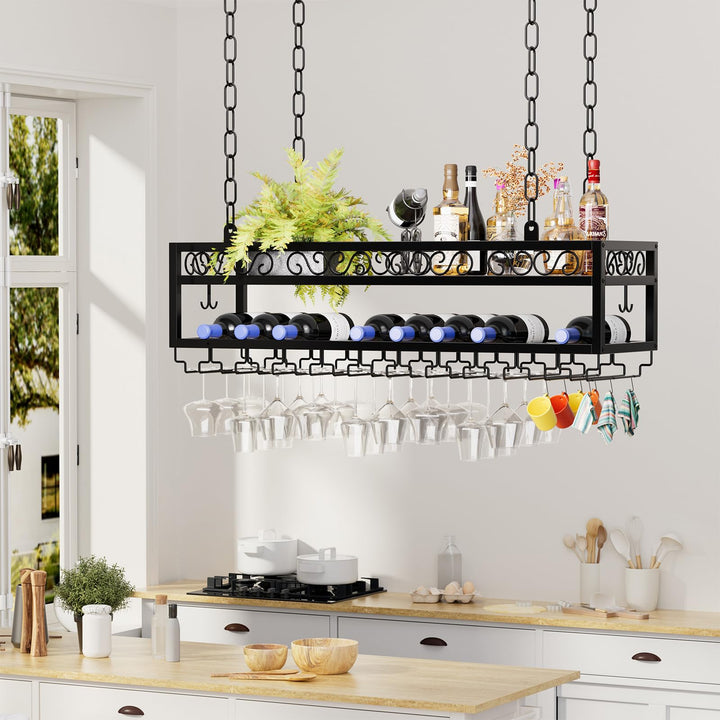 Deckenregal Weinregal Hängends Höhenverstellbare Deckenweinregal mit Glashalter Eisenkette Verstellb