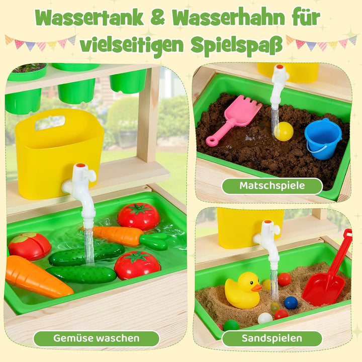 COSTWAY Matschküche Kinder, Outdoor Spielküche inkl. Zubehör mit Kreidetafel, Herd, Wasserhahn, Spül