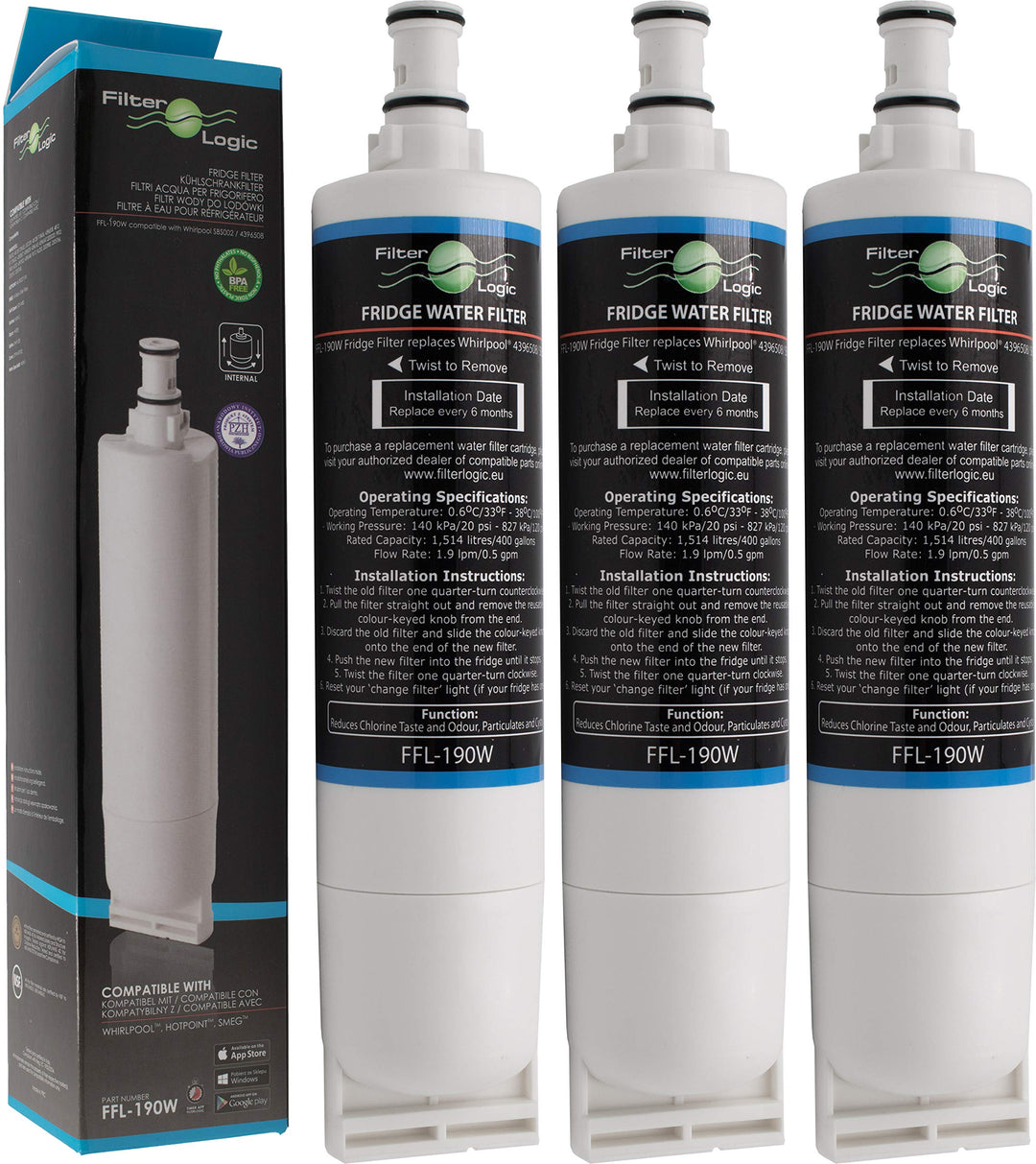 FilterLogic FFL-190W | 3x Wasserfilter kompatibel mit Bauknecht SBS103, 484000008723 - SBS003, 48128