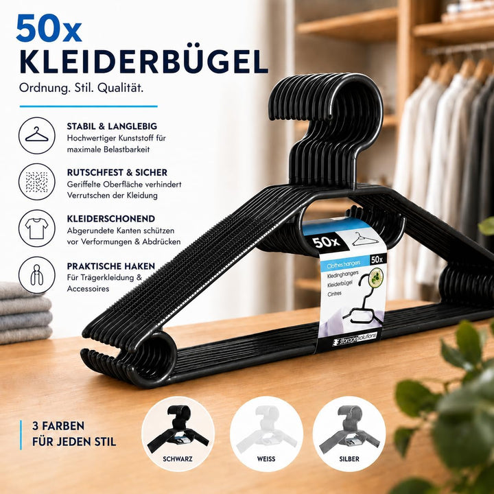 50 Kleiderbügel mit 360 Grad drehbaren Haken recycelter Kunststoff Bügel rutschfest in Schwarz, plat