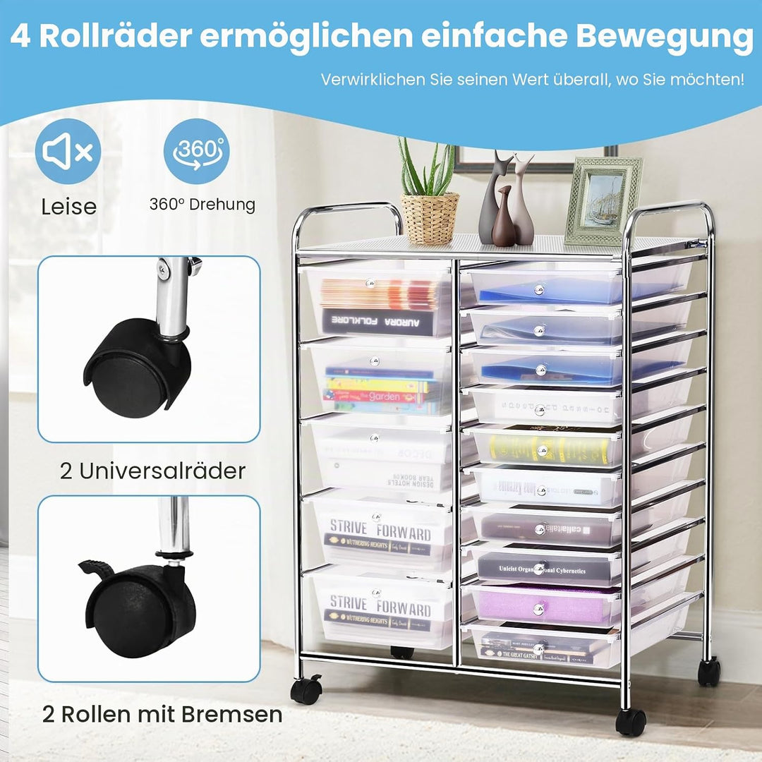 KOMFOTTEU Rollwagen mit 10/15 Schubladen stapelbar, Badrollwagen Rollcontainer mit Metallrahmen, All