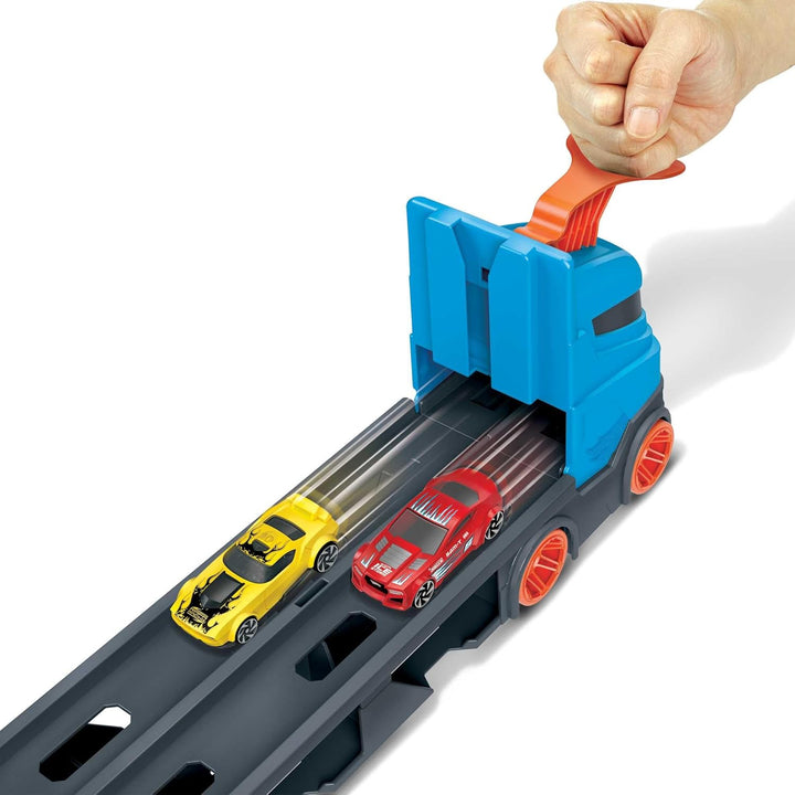 Hot Wheels 2:1 Autorennbahn zu Transporter, inkl. 3 Spielzeugautos, mit Doppelstarter, Auslösefunkti