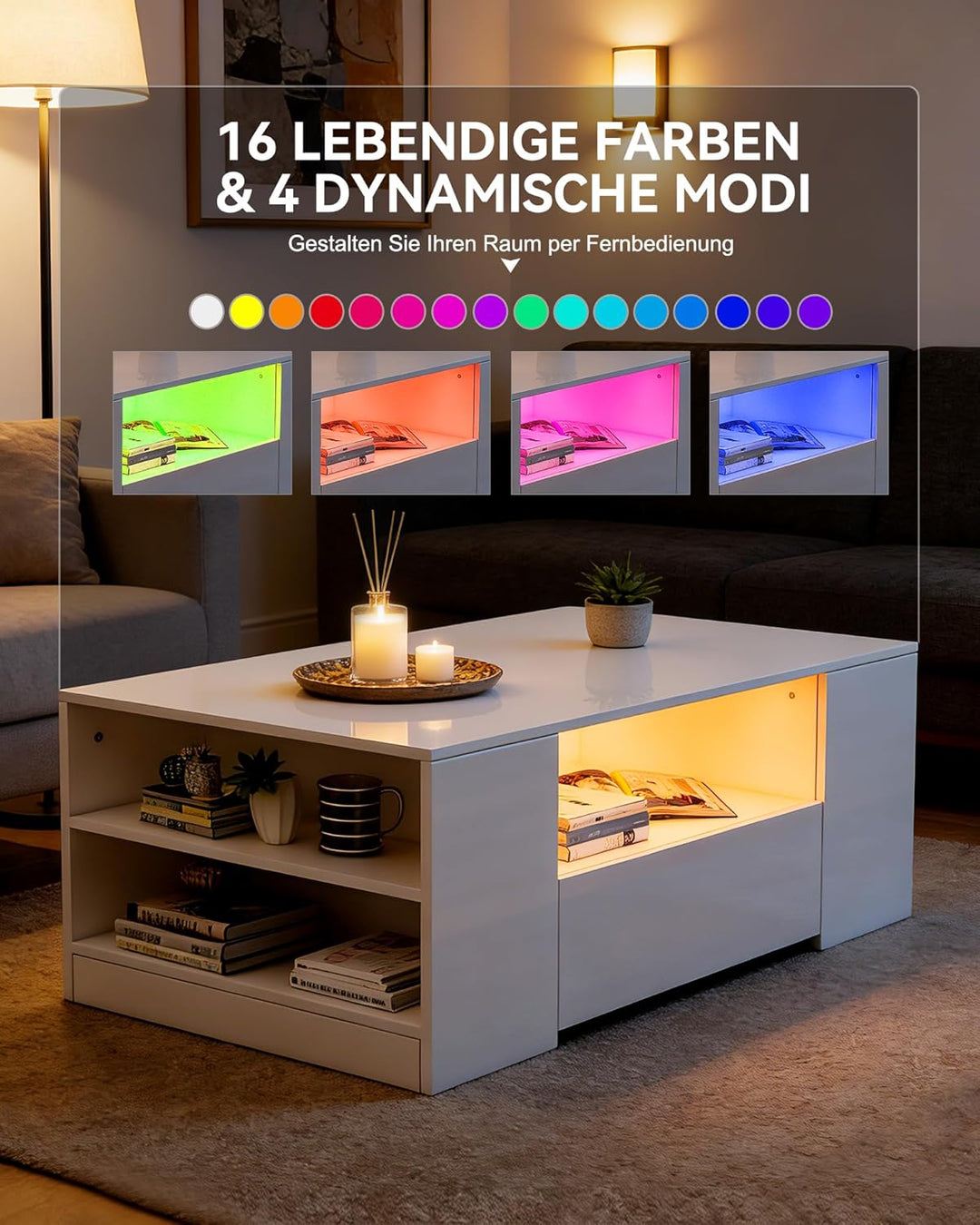 LED Couchtisch Wohnzimmertisch mit Regal Hochglanz Modern Beistelltisch Kaffeetisch mit 2 Schubladen