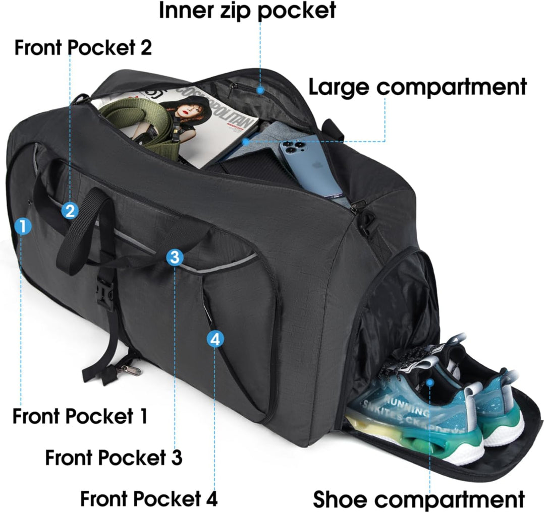 Faltbare Reisetasche 65L 80L 100L Grosse Leichte Sporttasche mit Schuhfach für Herren Damen Weekende