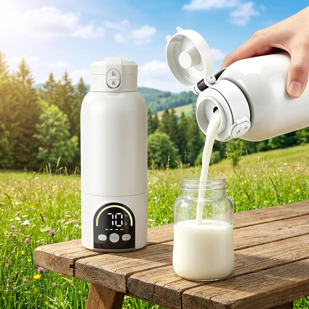 500ml Tragbarer Flaschenwärmer Baby, Mobiler Flaschenwärmer Baby mit Ladekabel & 12000mAh-Akku,Desin